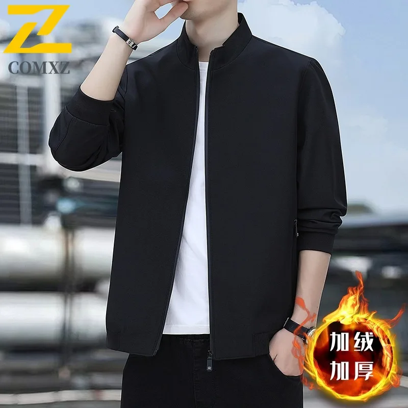 

COMXZ Thickened Mens Jacket Commute Office Cold Resistant Coat Premium Stand Collar Solid Color Lightweight Winter New Outerwear