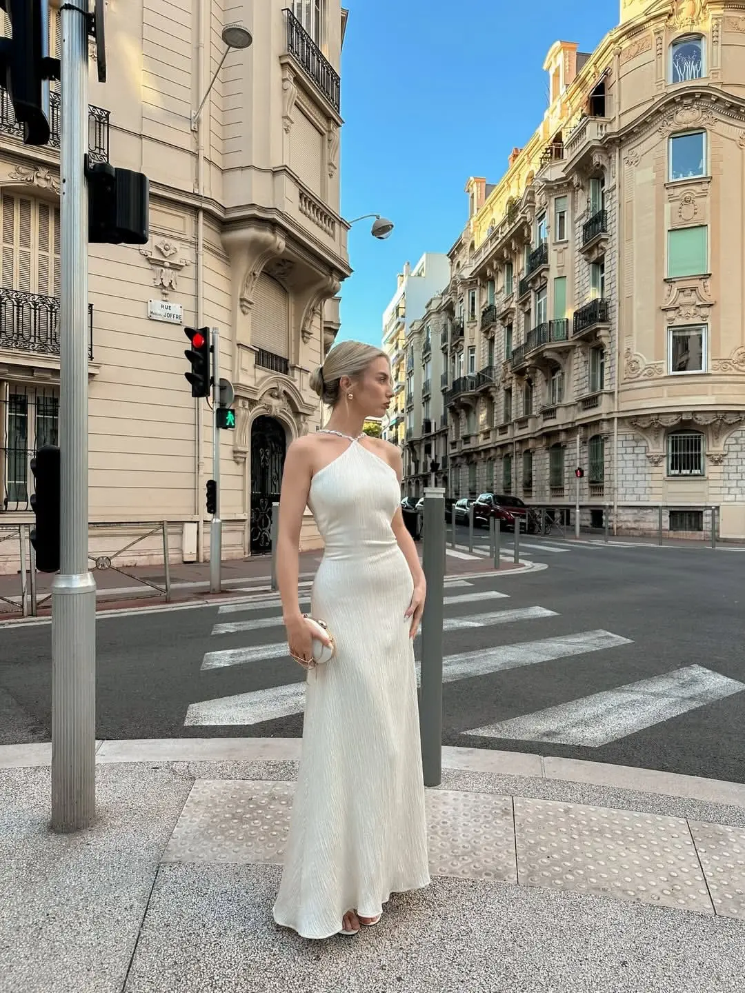 White Halter Ribbed Maxi Dress, Elegant Choker Neck Evening Gown, Sexy Bodycon Red Carpet Dress, Minimalist Stretch Formal Dress 2