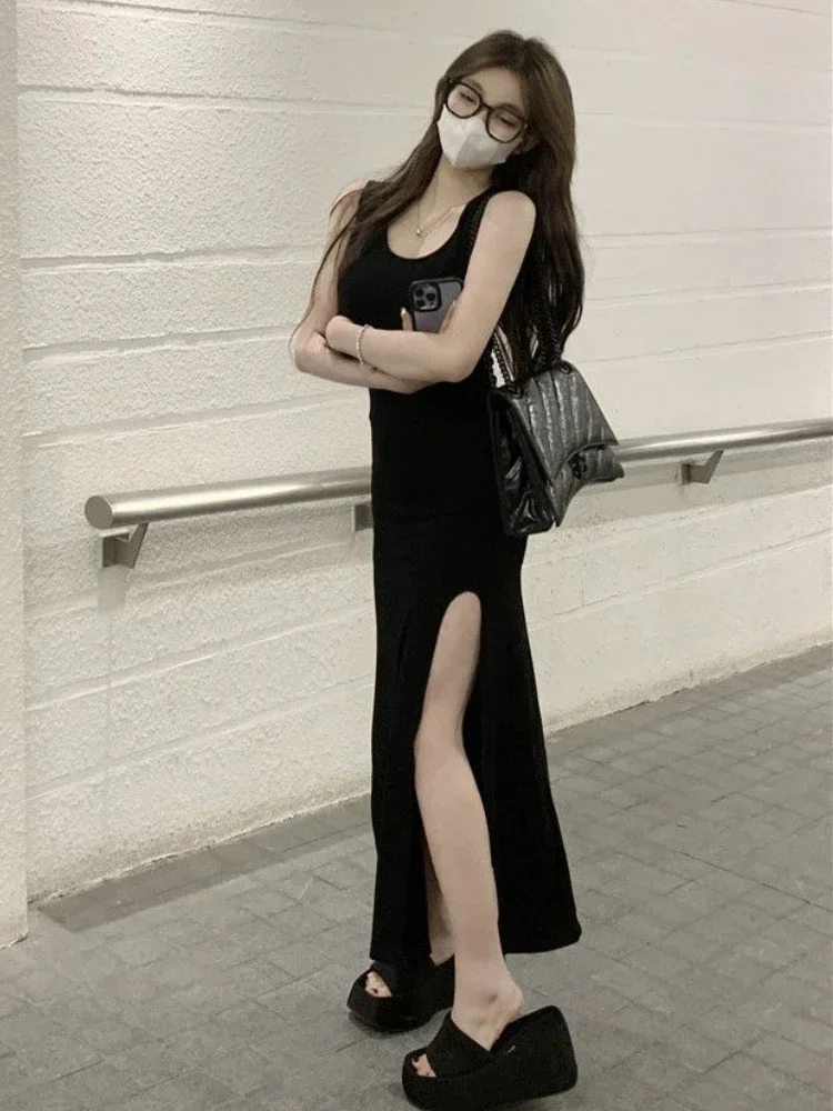 Abiti con spacco nero Donna senza maniche Hotsweet alla caviglia Casual Estate Aderente Temperamento Moda femminile Stile coreano Classico