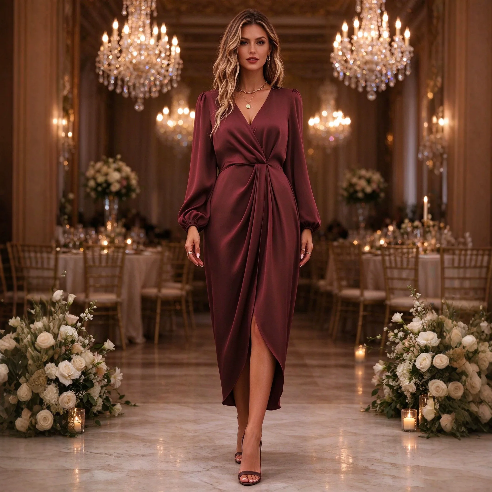 French-style Elegant Clothes With A Cross V-neck Puff Sleeves, [unk]ruched[unk] Waist, And A Slit, Exuding A Sophisticated And H