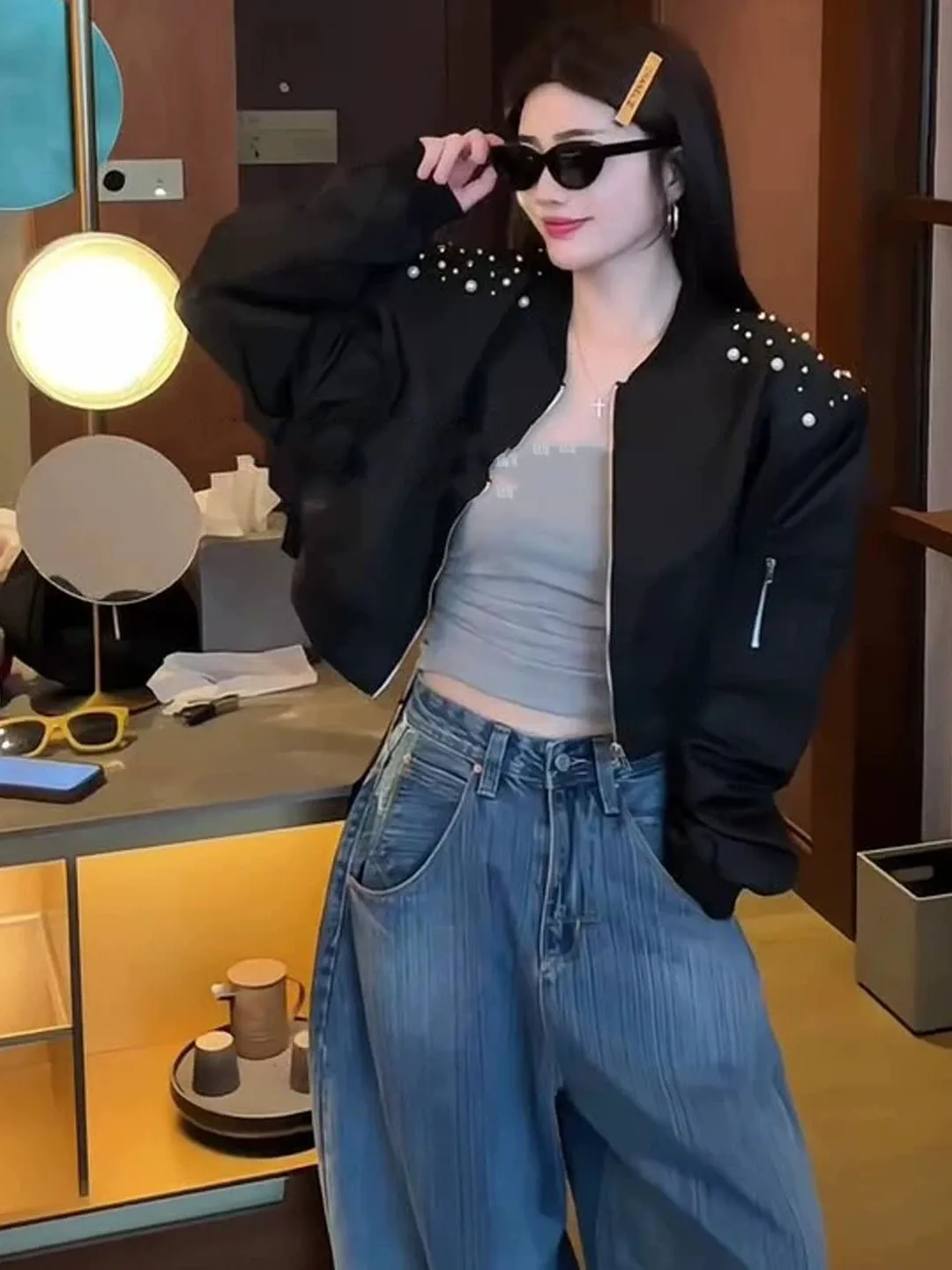 Elegant Diamond Embellished Bead Design Baseball Jacket Women's Loose Korean Style Short Coat Spring Autumn Versatile Slimming