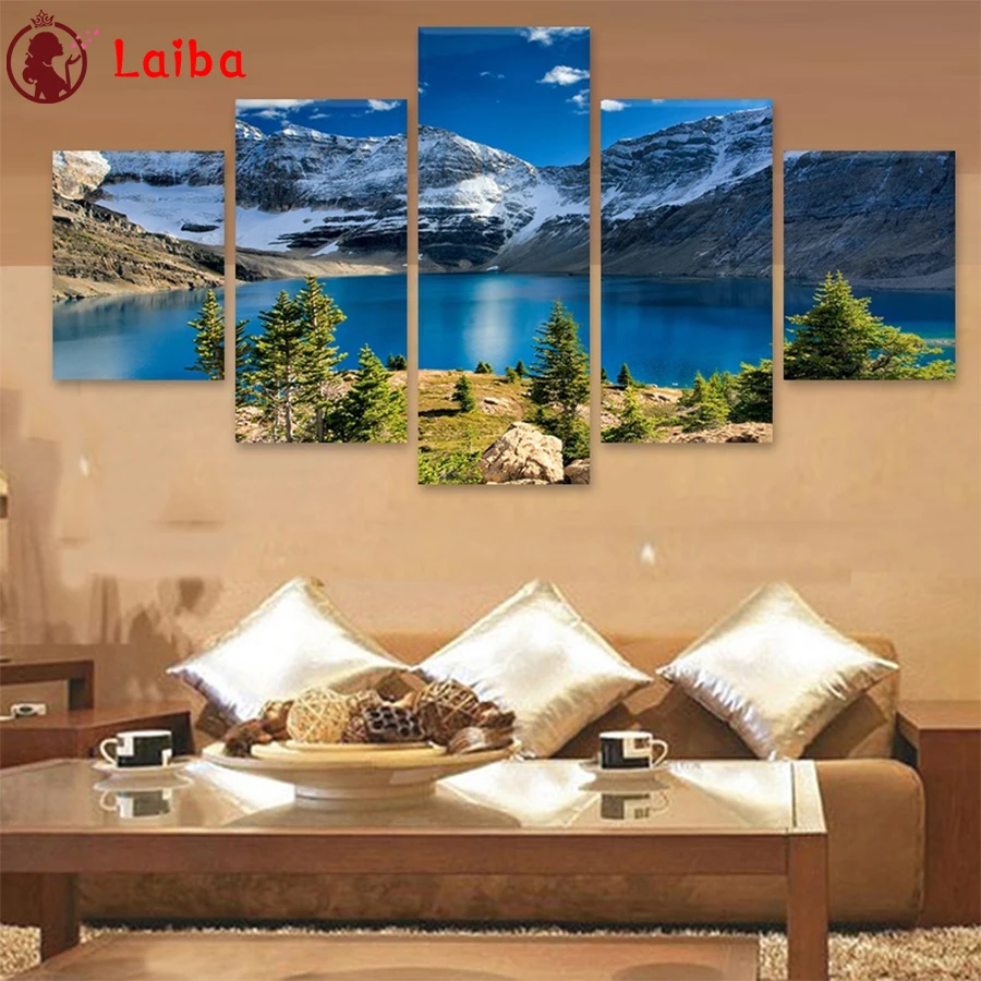 

Diamond Mosaic Art Painting, Natural Scenery, Snow Mountain Lake, Full Square, Round Diamond, Cross Stitch, Wall Decor, 5Pcs