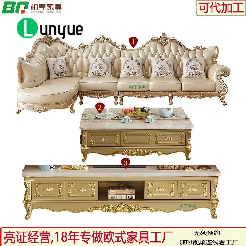 European Luxury L-Shaped Corner Sofa Genuine Cowhide Leather Solid Wood Carved Floral Design High-End Living Room Furniture