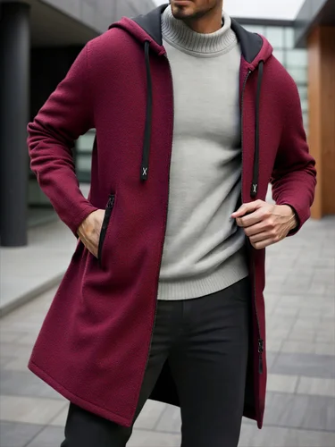 Imagen 2 del producto Abrigo de manga larga con cremallera para hombre, chaqueta con capucha cálida de lana para otoño e invierno, chándal informal holgado para exteriores, sudaderas de Color sólido