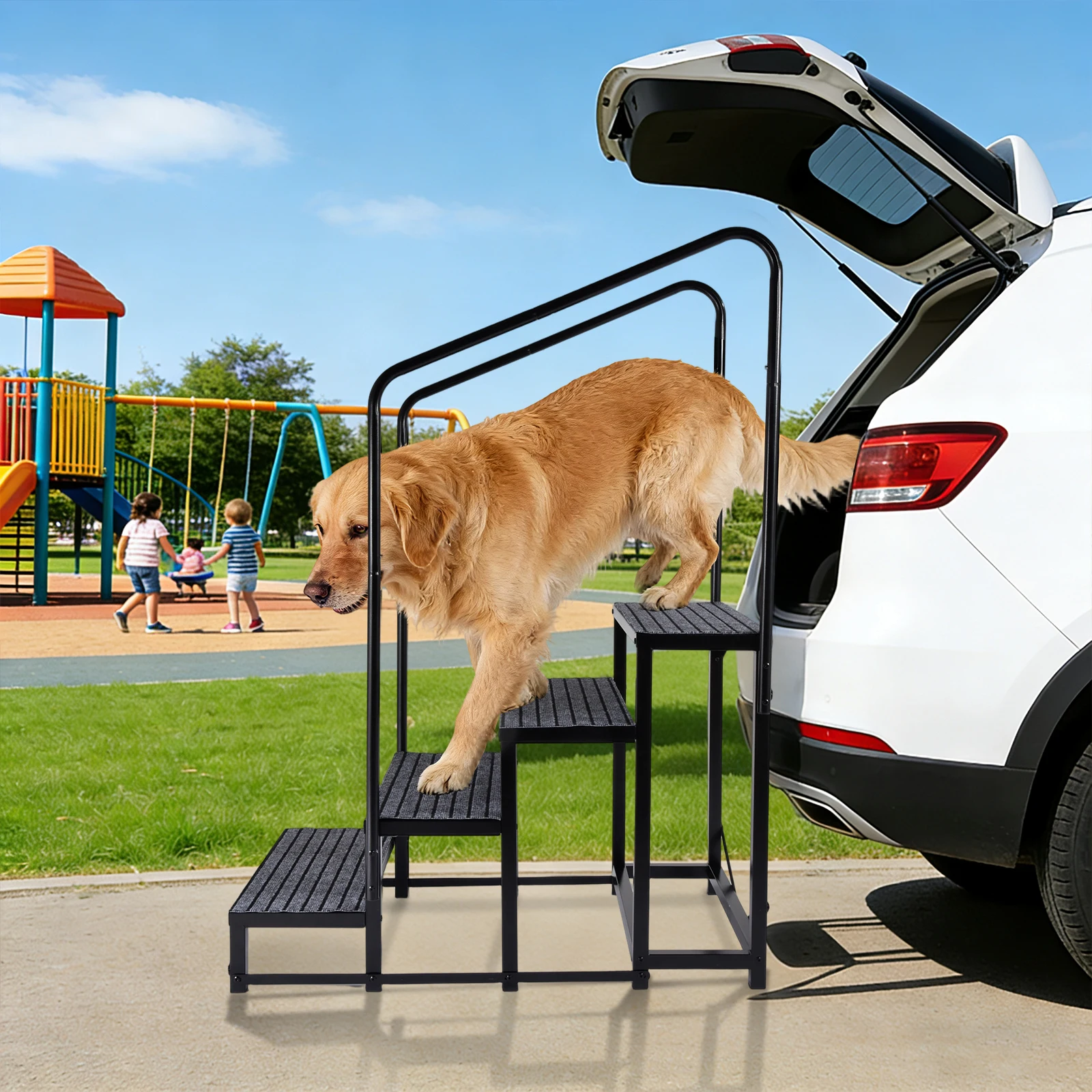 

Heavy Duty 4 Steps RV Entry Steps with Handrails, 440 Lbs Load Capacity Foldable Mobile Home Stairs, Non-Slip Camper Steps for Travel Trailer, Caravan, Motorhome, Truck Bed, Pool, and Outdoor Use