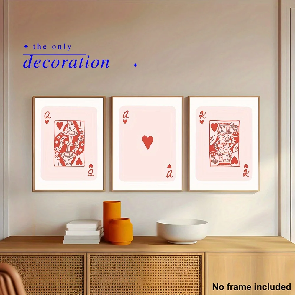 3pcs, 2D Frameless Canvas Art, Three-Piece Living Room Decor Set: King, Queen, and Ace of Hearts Playing Cards Wall Mural Col