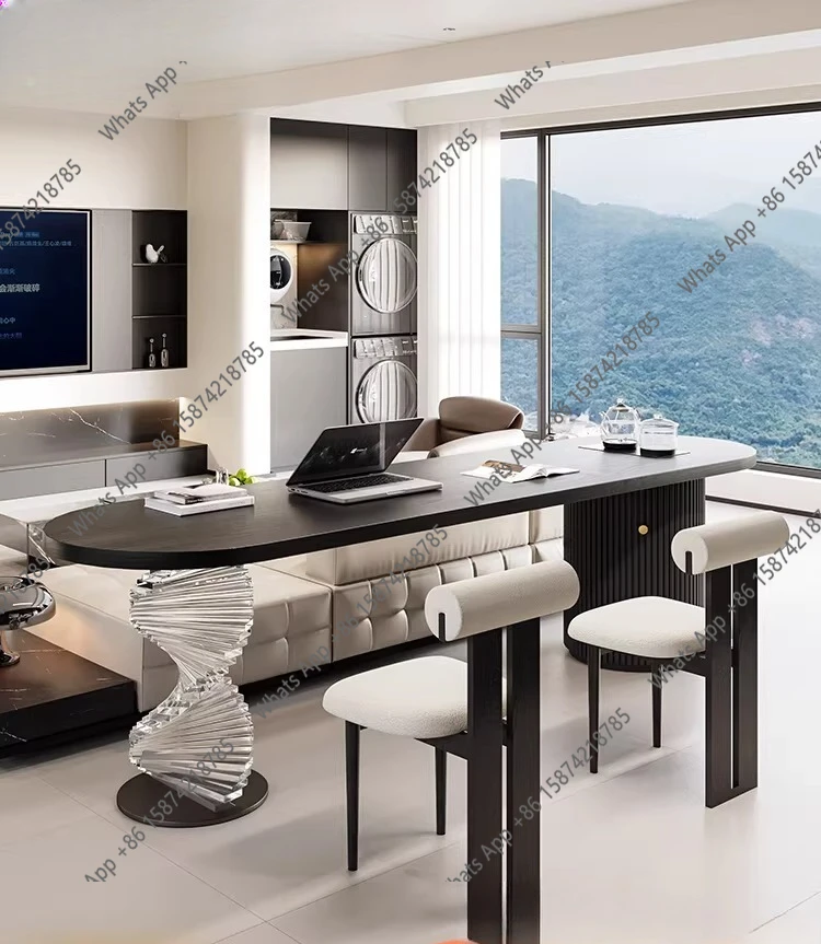 Round black solid wood desk, tea table, integrated household living room, oval Italian minimalist sofa, long table behind