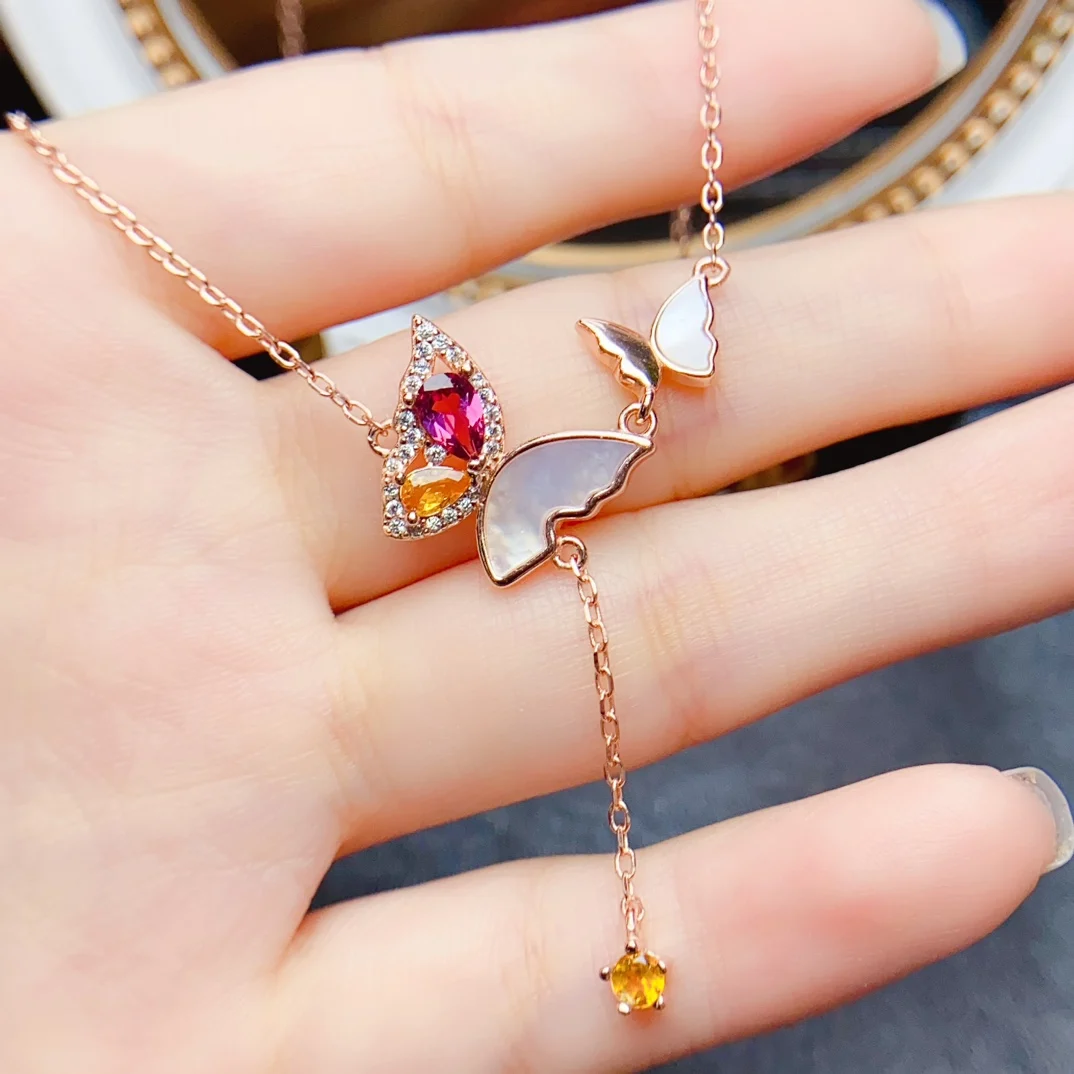 

FS 4*6mm Natural Garnet S925 Sterling Silver Butterfly Necklace for Women Fine Fashion Weddings Jewelry Certification Christmas