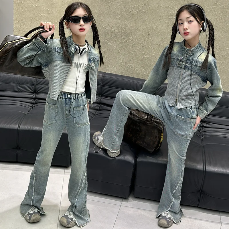 

Teen Girls Clothes Set Autumn Design Knitted Spliced Denim Jacket+Boot Cut Jeans 2pcs Kids Bell-bottoms Pants Suit Child Outfits