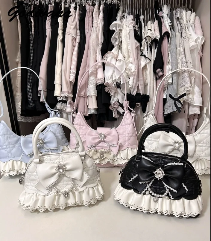Hime Princess Lolita Shell Handbag Quilted Ruffle Lace Shoulder Underarm Bag Women Sweet Kawaii Top Handle Purse Totes