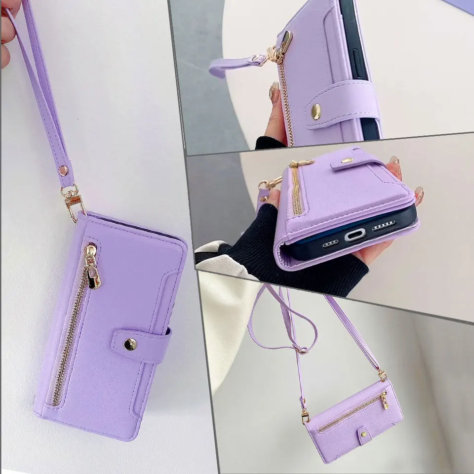 Funda tipo cartera con cremallera para Samsung Galaxy A17, A07, A56, A36, A26, A16, Galaxy S25 Ultra, Samsung S25 FE, Plus, S25 Edge, con correa 3