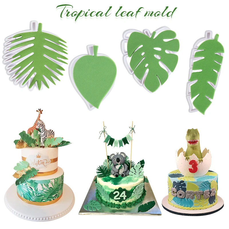 4Pcs Leaf Biscuit Mold Plastic Cookie Plunger Cutter Pastry Decorating DIY Food Fondant Baking Mould Tropical Leaves Embossing