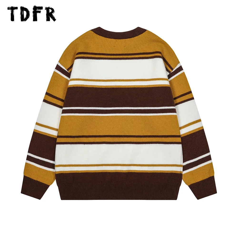 Jacquard Striped Sweater Mens Retro Streetwear Autumn Winter Loose Crew Neck Long Sleeve Knitted Pullover Men