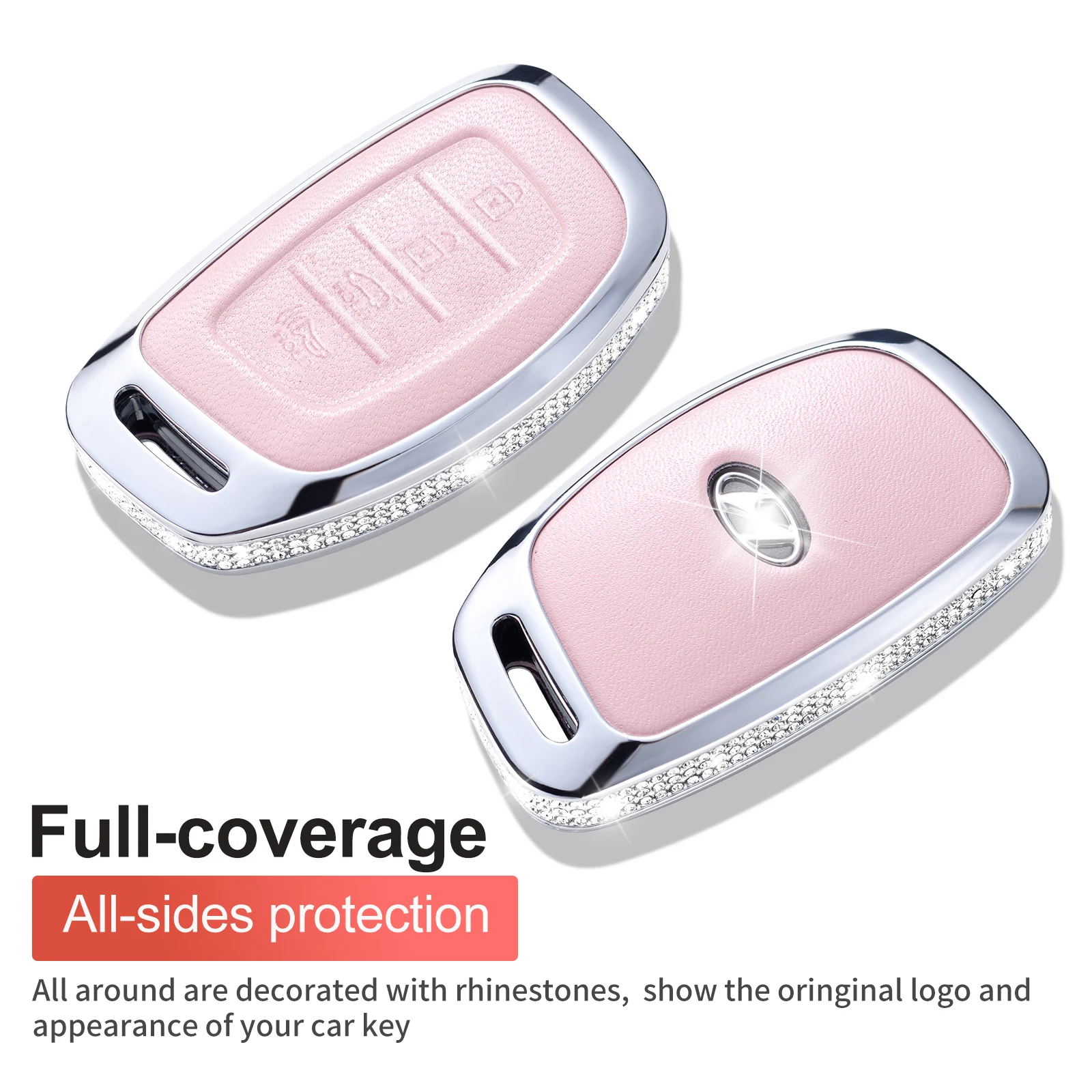 for Hyundai Key Fob Cover with Keychain, Pink Leather Key Case Protection Shell Fit for Hyundai Elantra Ioniq Sonata Tucson Elan