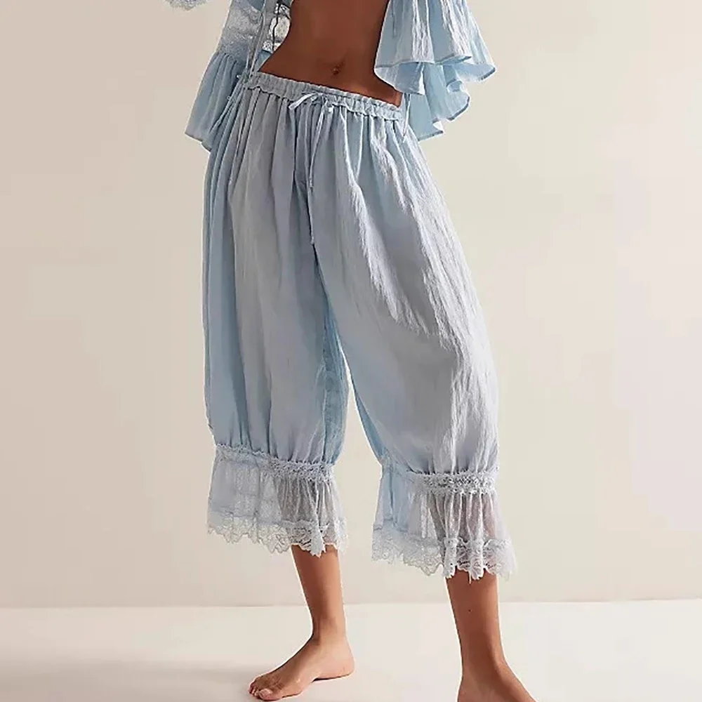 Women's Lace Trim Elastic Waist Bloomers Loose Lantern Cropped Pants Casual Drawstring Sleepwear Pajama Bottoms
