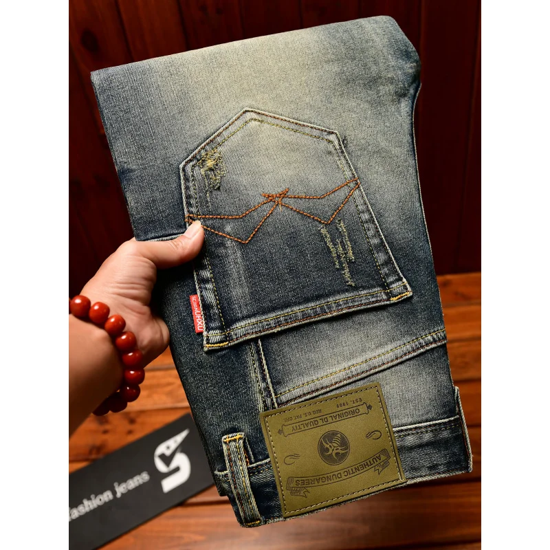 

Уличная мода ностальгические джинсы мужские эластичные облегающие модные брендовые элитные тяжелые потертые джинсовые брюки