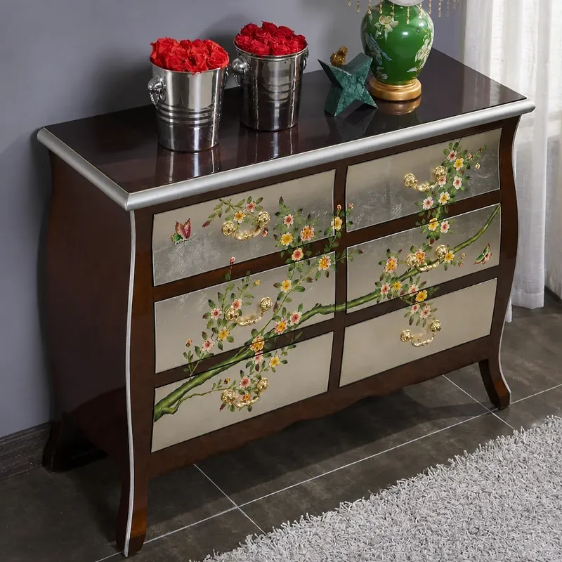 American Country Style Hand Painted Solid Wood Sideboard Dining Cabinet Tea Storage Chest Bedroom Living Room Furniture