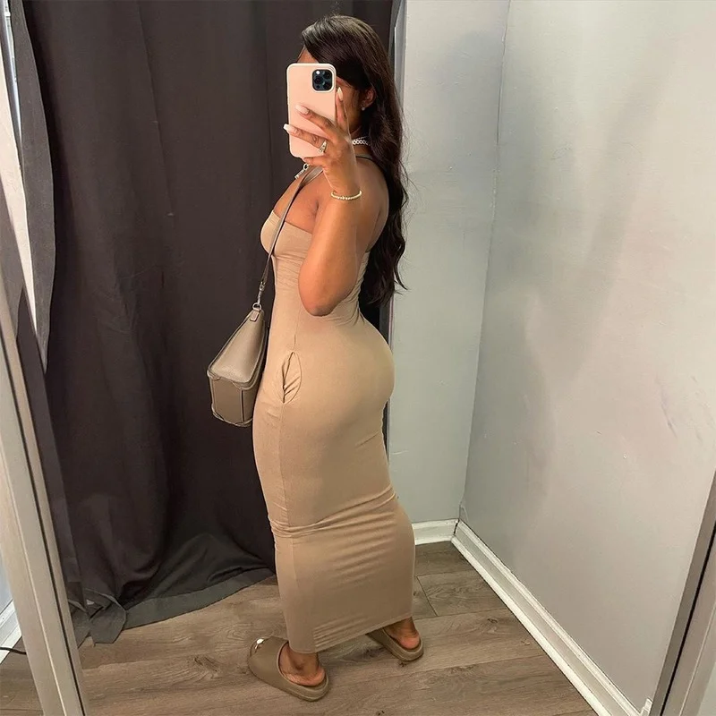 Sexy Tube Top Long Maxi Dress with Pockets Casual Summer Dresses for Women 2024 Oversized  Bodycon Dress Party Clubwear Dress