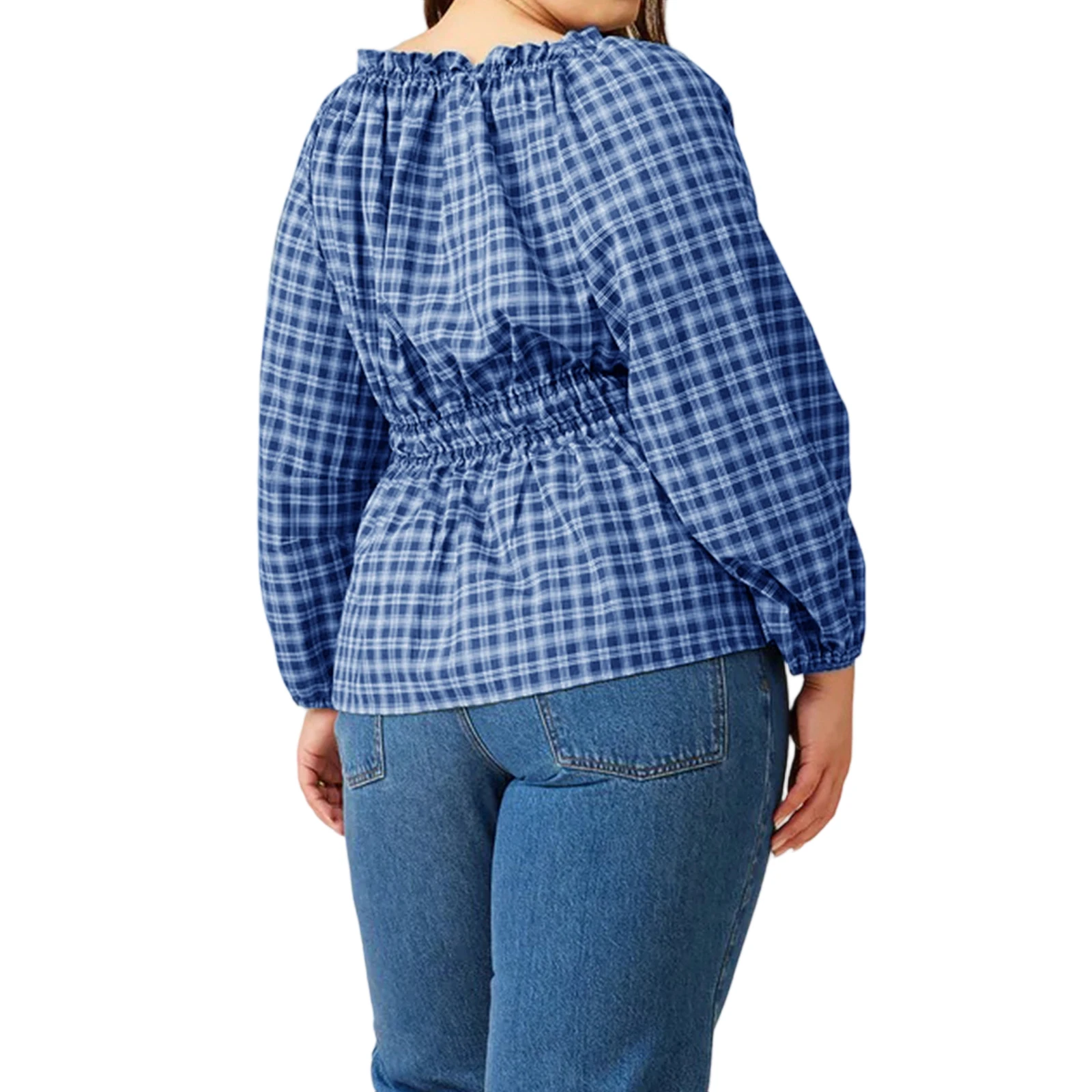 2025 Camisa con estampado a cuadros para mujer, camisetas de manga larga con cuello cuadrado de talla grande, ropa de calle, camisetas holgadas de gran tamaño para verano