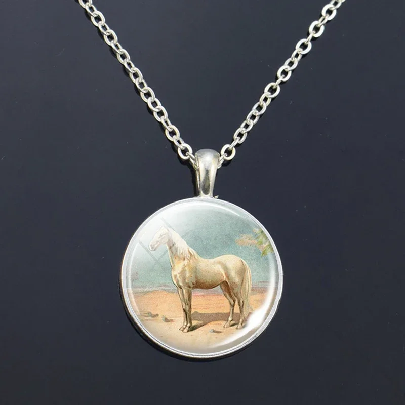 Crazy Horses Pendant Necklace White Horse Glass Cabochon Jewelry Pendant Fashion Animal Horse Necklaces Men Women Christmas Gift