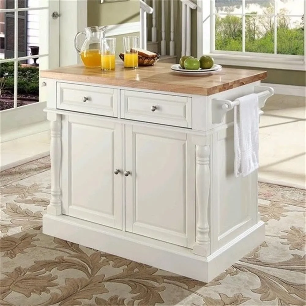 

4-Shelf Wood Kitchen Island Butcher Block in White,Fully functional doors and drawers on both sides