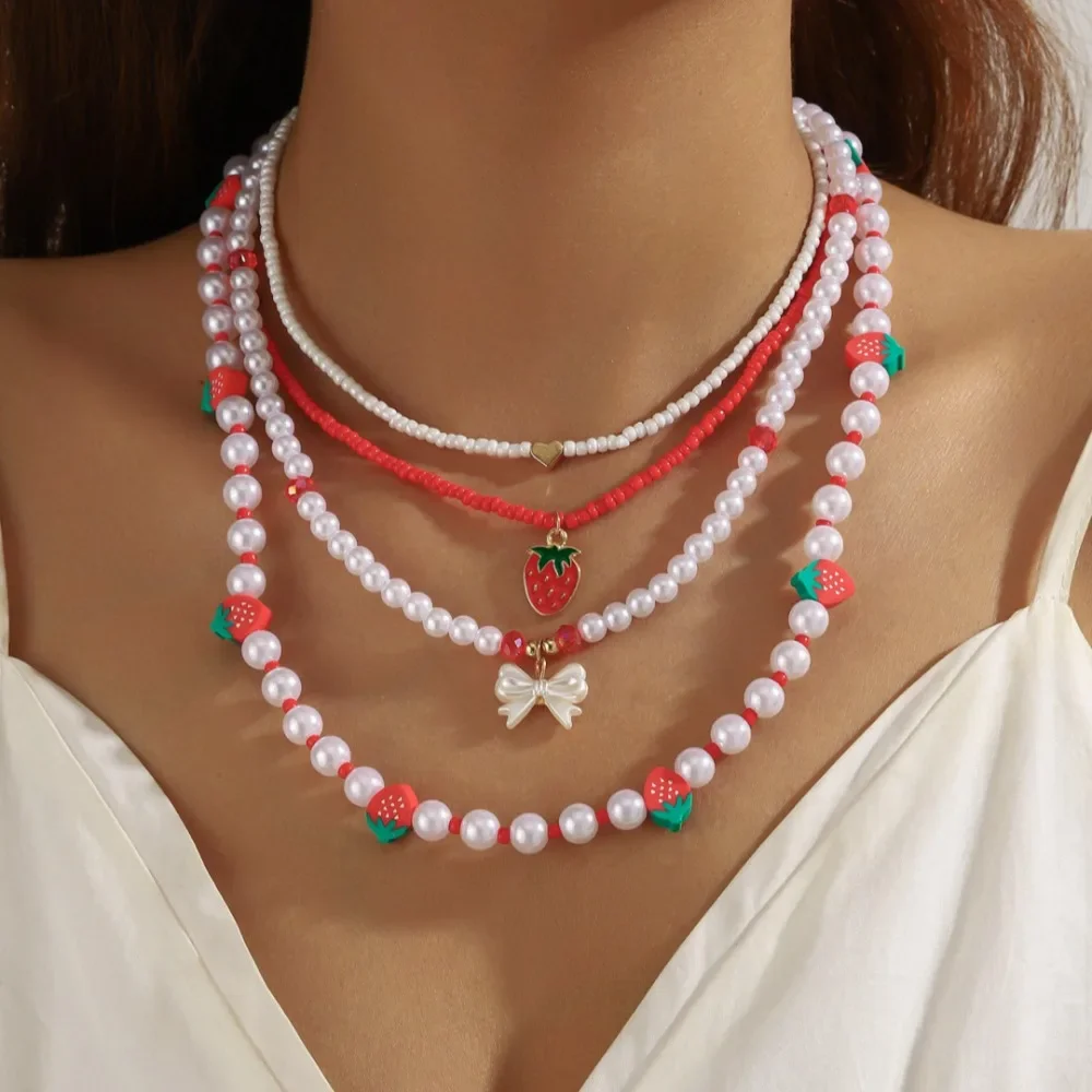 Cute Strawberry Bowknot Heart-shaped Pendant Imitation Pearl Collision Color Multi Layer Wear Necklace for Women Jewelry Set