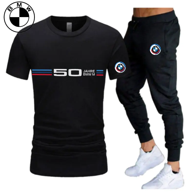 

BMW Men's T-shirt+Pants Set Summer Sports 50th Anniversary Commemorative Log Printed Casual Running Short Sleeve Set