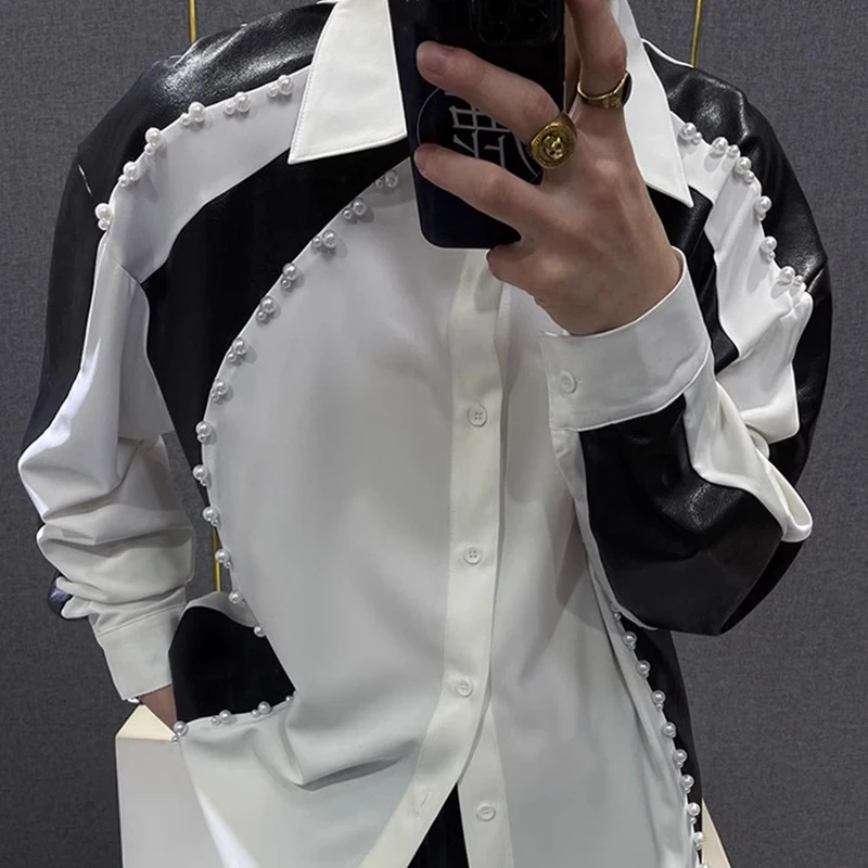 High Quality Nail Bead Stitching Shirt Men's Camisa Social Masculina Trend Brand Fashion Black White Leather Patchwork Shirts