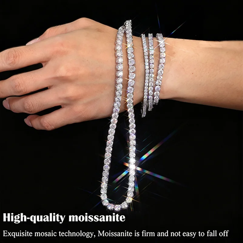 FEOBUR 3/4/5mm Real Moissanite Tennis Necklace for Women Men S925 Silver Certified Full Diamond Neck Chains Trendy Jewelry Gift