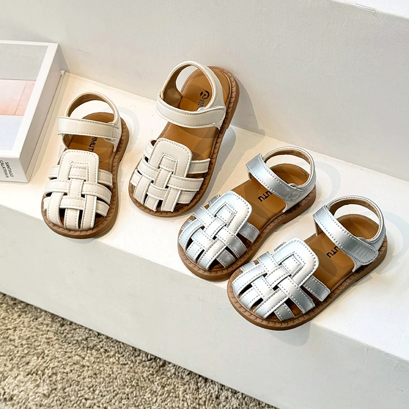 

Сандалии с плетеным носком в стиле ретро для девочек, детские туфли принцессы для девочек, новый летний стиль 202, летняя натуральная кожа, римская мягкая подошва