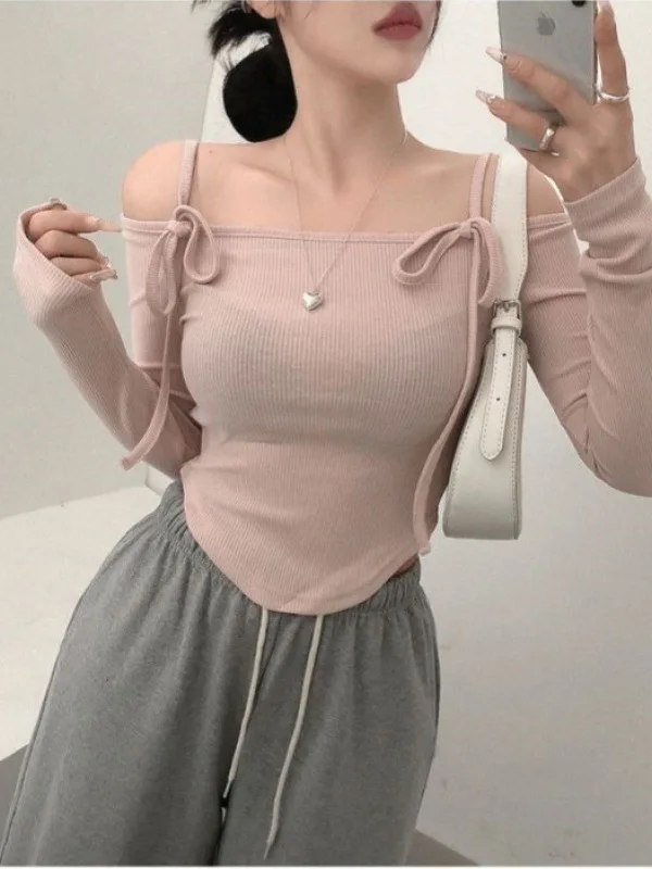 Autumn/winter Korean Version New Slash Collar Off Shoulder Long Sleeve Pullover Women Curved Cinching Waist Slim Top F365