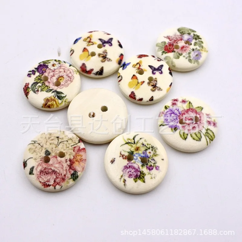 20-mm-Holzscheibenknöpfe, 50 bemalte bedruckte Holzknöpfe pro Packung