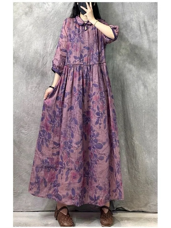 فستان نسائي طويل مطبوع على الطراز الصيني الجديد ذو الاتجاه الوطني من القنب ذو تصميم مثير للصيف من قطعة واحدة