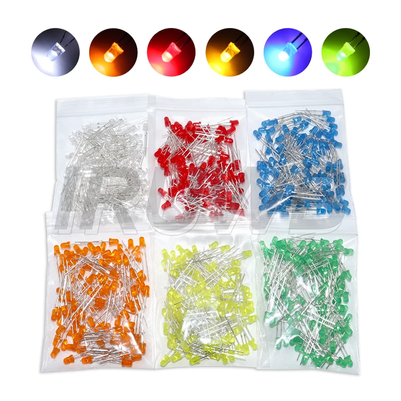 100PCS 3mm LED Diode F3 Assorted Kit DIY Light Emitting Diode White Green Red Blue Yellow Orange Pink Purple Warm White