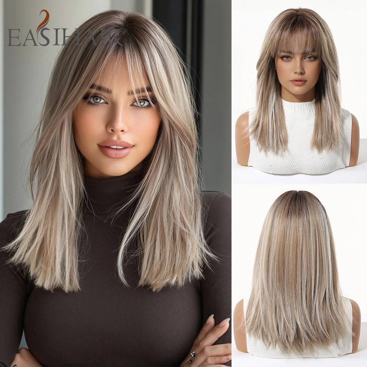 Ash Brown Ombre Straight Synthetic Wig with Bangs Heat Resistant Natural Looking Soft Hair for Women Daily Wear Party Cosplay Us