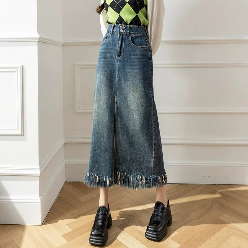 

Retro Frayed Hem Denim Skirt Women's Summer Thin Large Size Fat MM High Waist Slimming Split A-Line Skirt