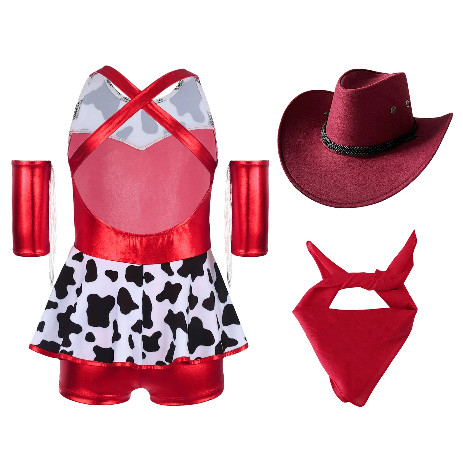 Girls Western Cowgirl Costume Metallic Themed Party Cow Outfits for Christmas Halloween Stage Performance Outfits