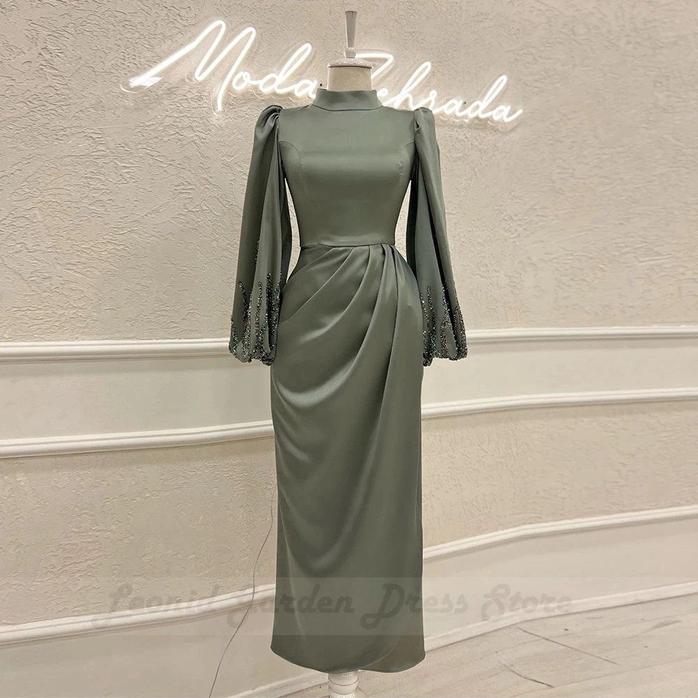 Satin Elegant Mermaid Evening Dresses for Women 2022 Floor Length Puffy Sleeve Beading Moroccan Caftan High Neck Robe De Soiree