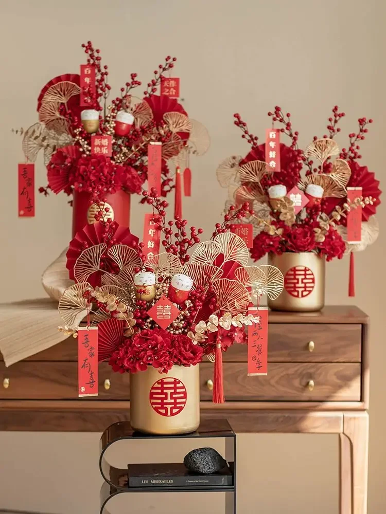 

Simulation Flower Red Fortune Fruit Metal Vase Set Ornaments New Year Wedding Adornments Home Livingroom Porch Decoration Crafts