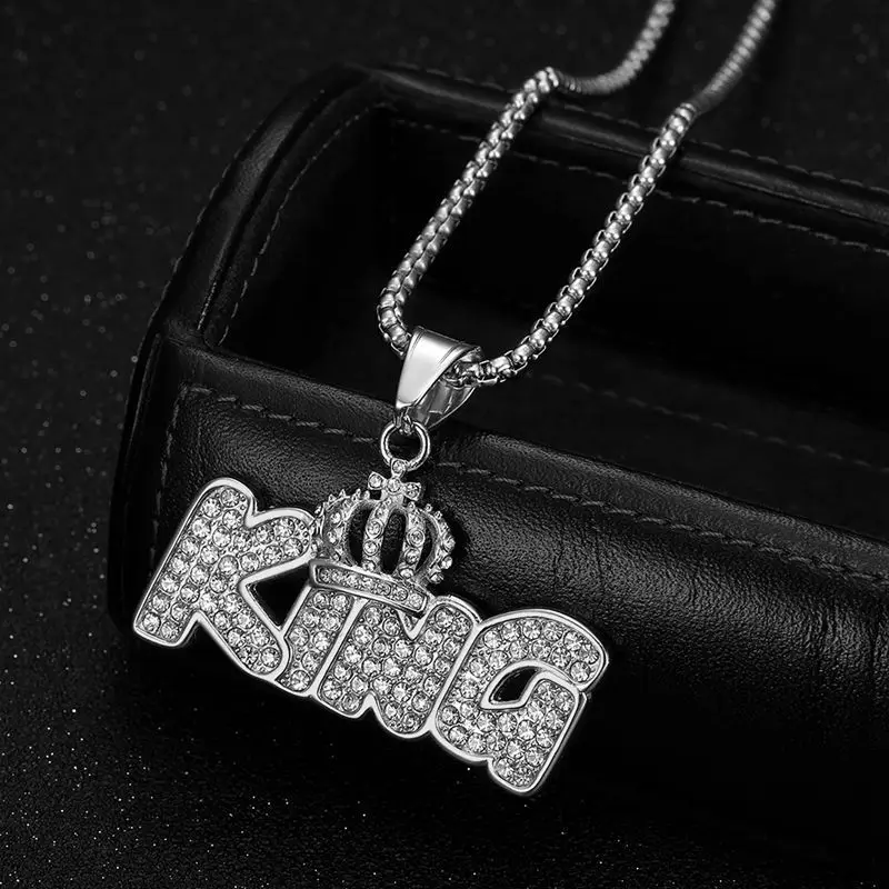 Megin D Stainless Steel Luxury Zircon Kings Crown Hip Hop Pendant Collar Chains Necklace for Men Women Couple Friends Gift Jewel