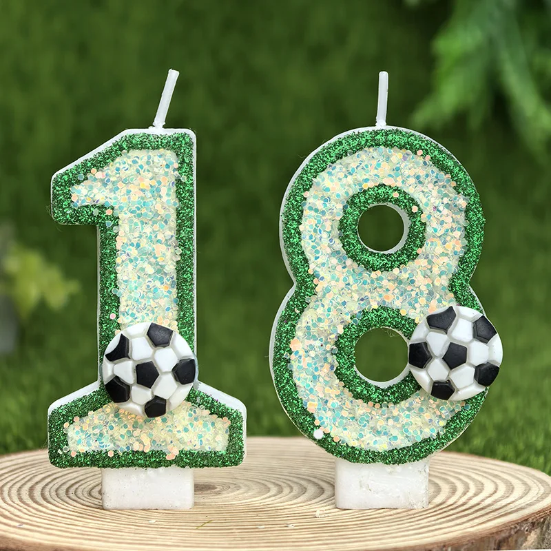 Glow in The Dark Green Soccer Football Number Candles 0-9 Combination Set Premium Baking Birthday Cake Ornament Decoration