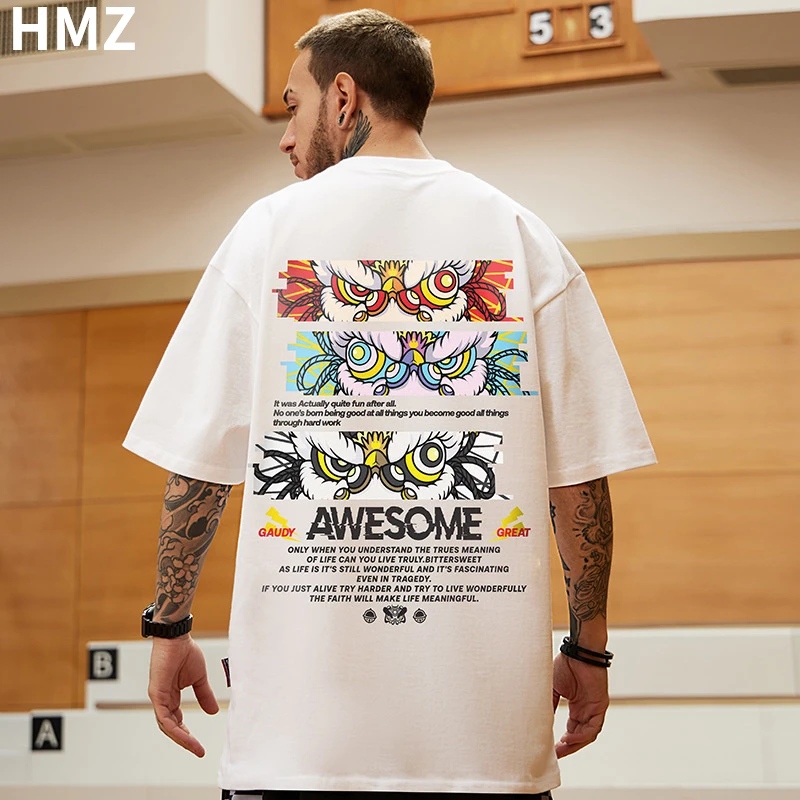 

HMZ Summer Cotton Tshirt Men Fashion Tee Harajuku O-Neck T Shirt Men's 2022 New Chinese Style Lion Picture Hip Hop T-shirt Men