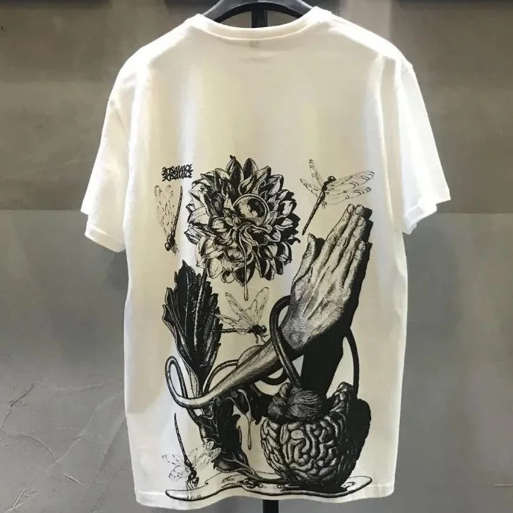 Pure Cotton Street Black And White Hand-painted Buddha Round Neck T-shirt Retro Summer Trendy Brand Loose Casual Short-sleeved