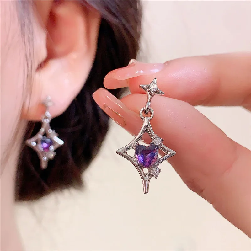 Korean Fashion Purple Star Crystal Zircon Dangle Earrings for Women Elegant Temperament Wedding Party Anniversary Gift Jewelry