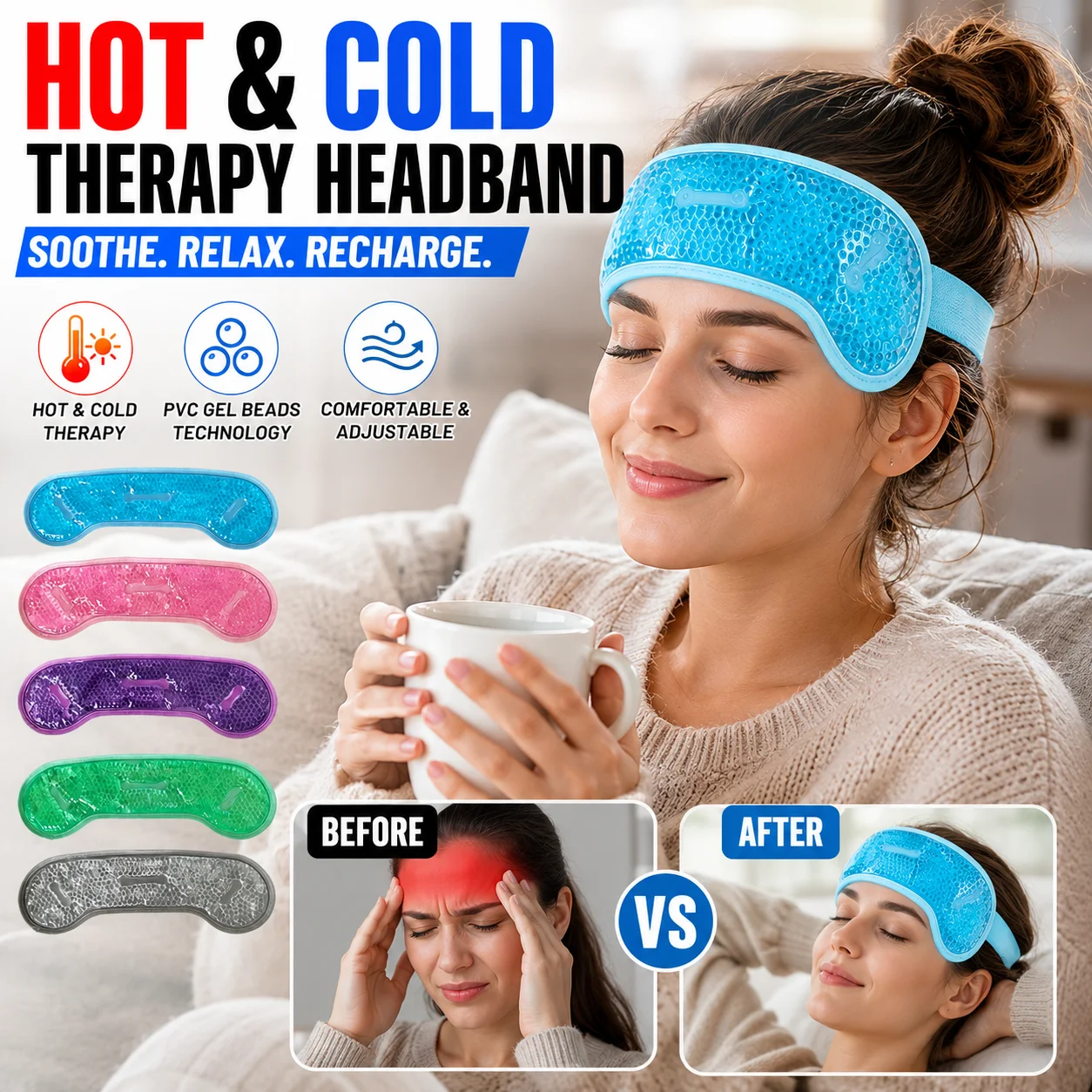 Reusable Gel Bead Hot Cold Therapy Head Wrap Adjustable Elastic Headband Non Toxic Soothing Compress For Headache Stress Relief
