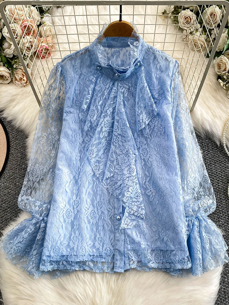 

Женская весенне-осенняя рубашка во французском стиле, нежная розовая кружевная блузка с воротником-стойкой и расклешенными рукавами для девочек, блузка с рюшами, женский топ BL272