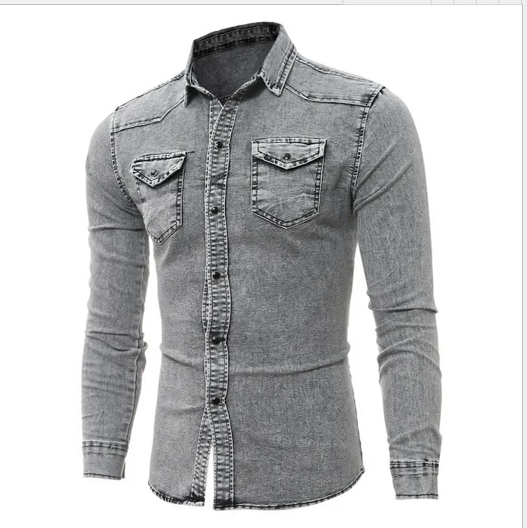 Men Denim Shirt Cotton Jeans Overshirt Slim Fit Long Sleeve Stylish Gray Washed Cowboy Shirts Tops M-3Xl