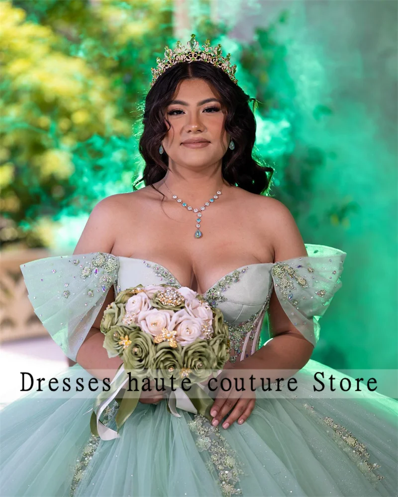 Vestido de baile de princesa de tul verde, traje de quinceañera, Apliques de encaje con cuentas, vestido dulce 16, vestidos de fiesta de cumpleaños, recién llegados, 2024