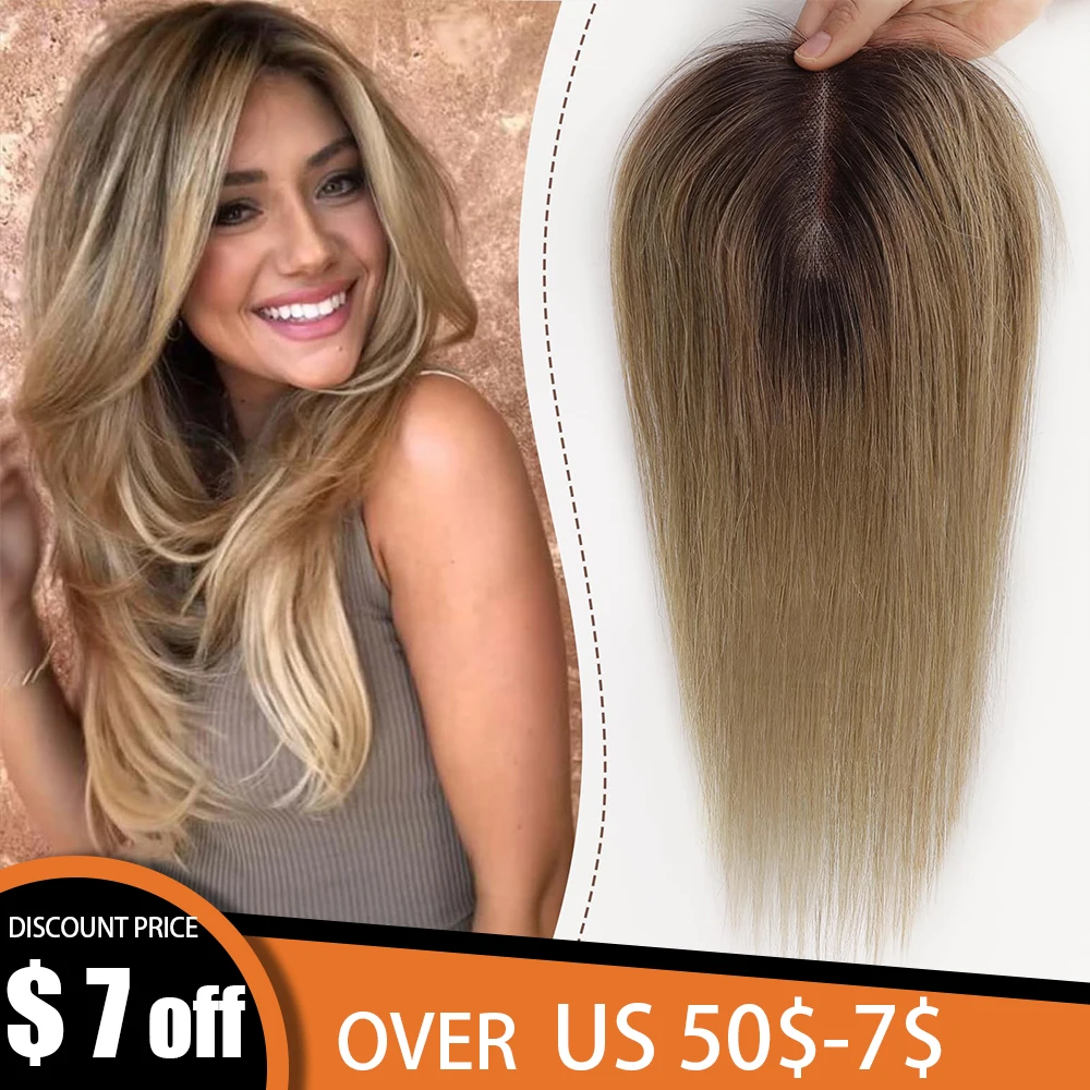 Ombre Ash Blonde 100% Remy Human Hair Toppers Silk Base Clip Pieces Hairs Topper in Hair Extension for Women Hair Loss 12inch