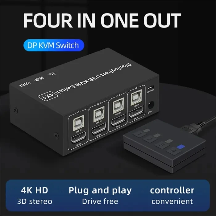 Dual Monitor 4X1 Four in One Out 4 Port Display Port KVM Switch USB 2.0 4K@60Hz DP Displayport Switch KVM